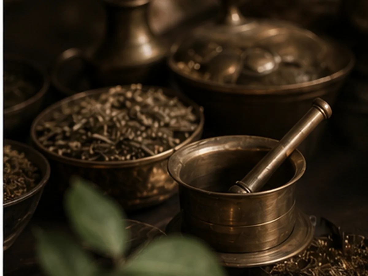Ayurvedic therapist preparing oils in the treatment space at Isiwara Paura Sigiriya