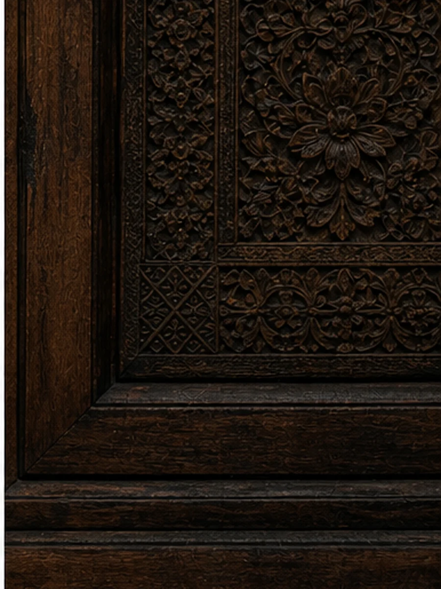 Carved timber door detail at the sanctuary architecture of Isiwara Paura Sigiriya
