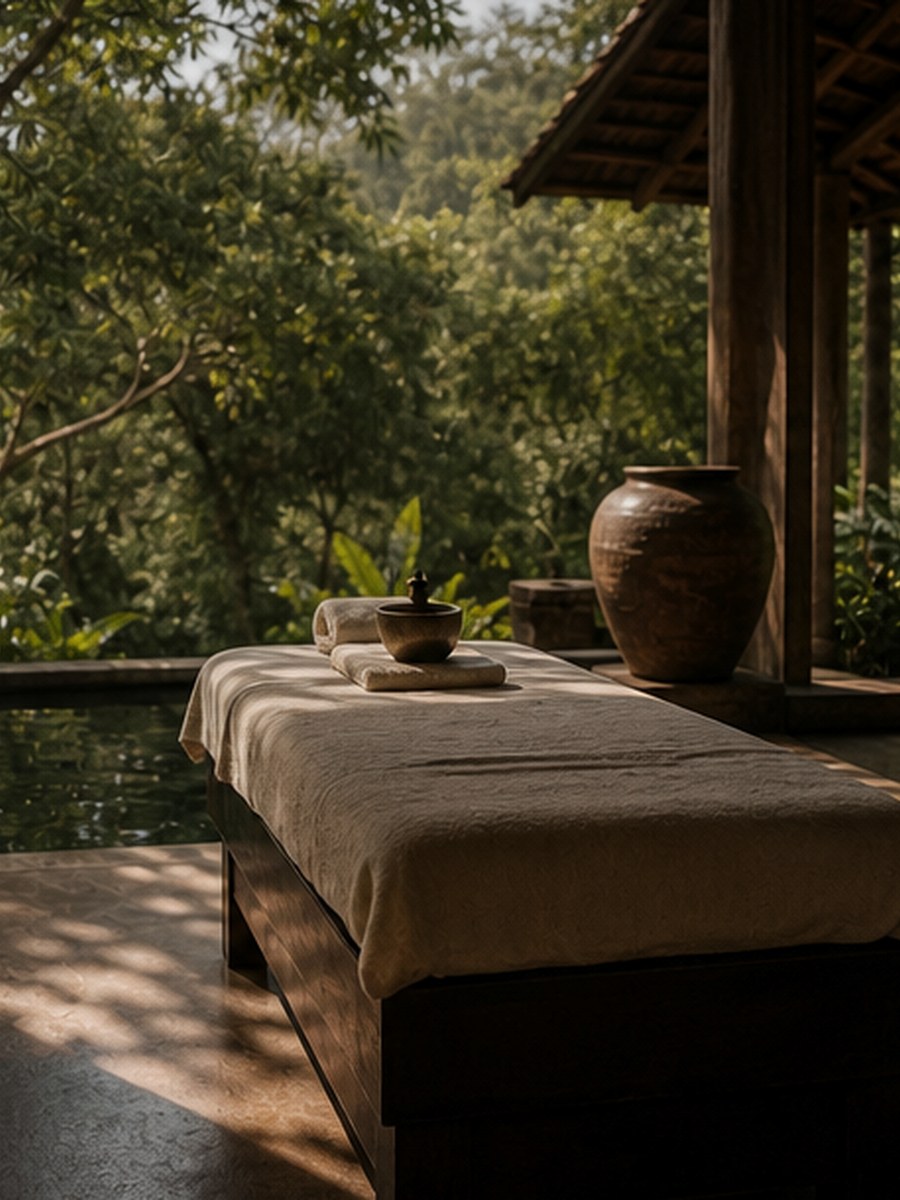 Warm Ayurvedic oil ritual detail in the treatment room at Isiwara Paura Sigiriya