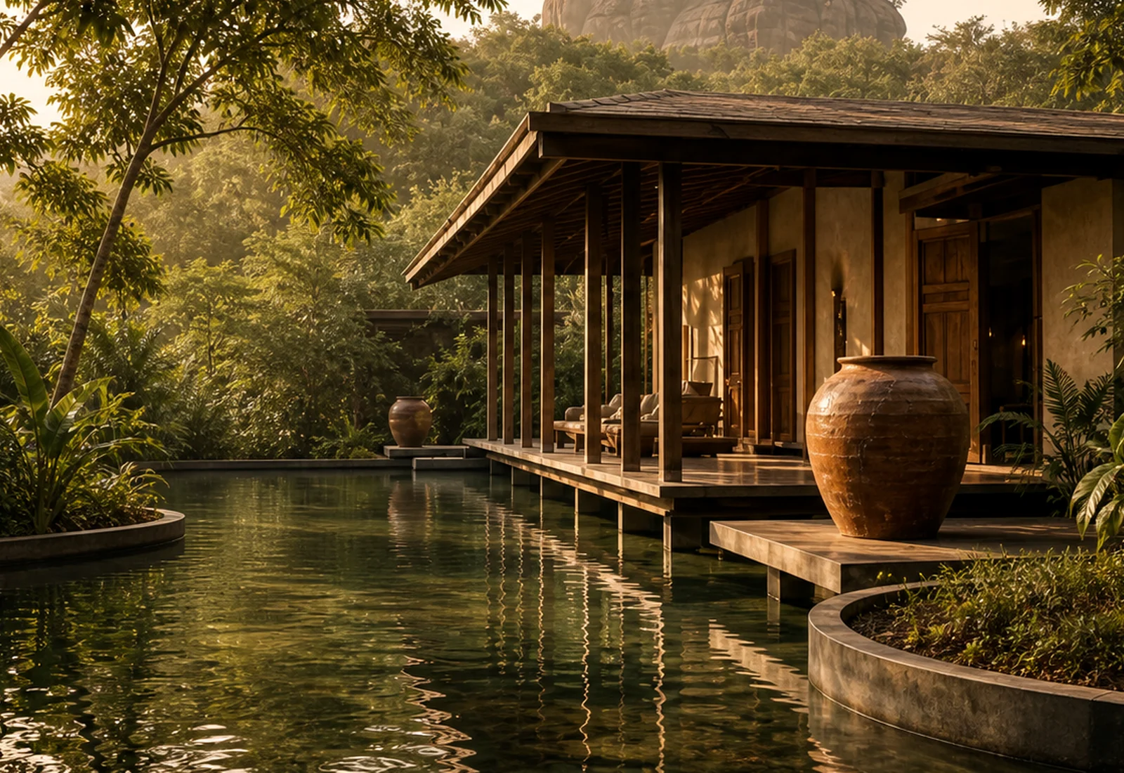 Water canal at sunrise reflecting jungle canopy at Isiwara Paura Ayurvedic Sanctuary